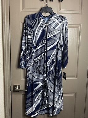 Mlle Gabrielle Navy White Geometric Draped Dress 2X NWT